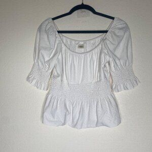 White Eyelet Smocked Peplum Top Womens Size M Puff Sleeves Babydoll